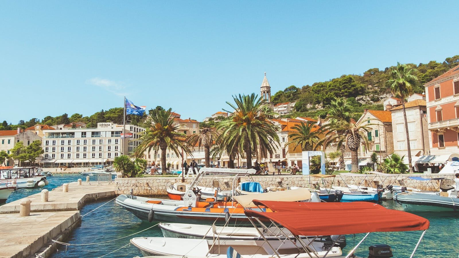 Hvar harbour with moored sailing boats, Croatia